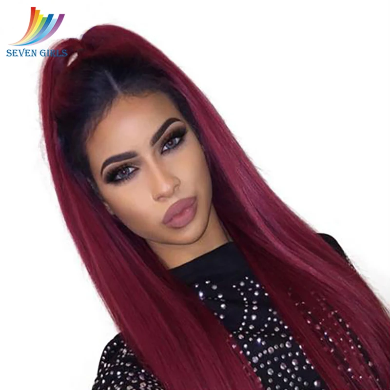 

Sevengirls Glueless Ombre Color 1B/99J Pre-plucked Full Lace Human Hair Wigs With Baby Hair Malaysian Straight Virgin Hair