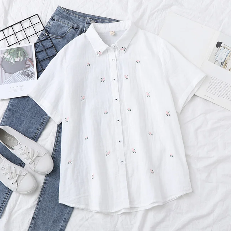 Women White Embroidery Flowers Blouse Short Sleeve Loose Button Down Shirt For Women Casual School Work Office Ladies Shirts
Women White Embroidery Flowers Blouse Short Sleeve Loose Button Down Shirt For Women Casual School Work Office Ladies Shirts
