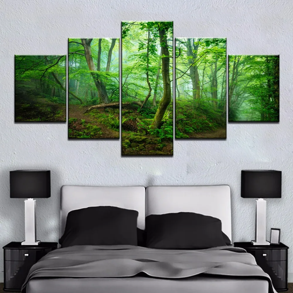 Framed HD 5 Panel Green Tree Forest Path Picture Cuadros Landscape Canvas Wall Art Home Decor For Living Room Painting | Дом и сад