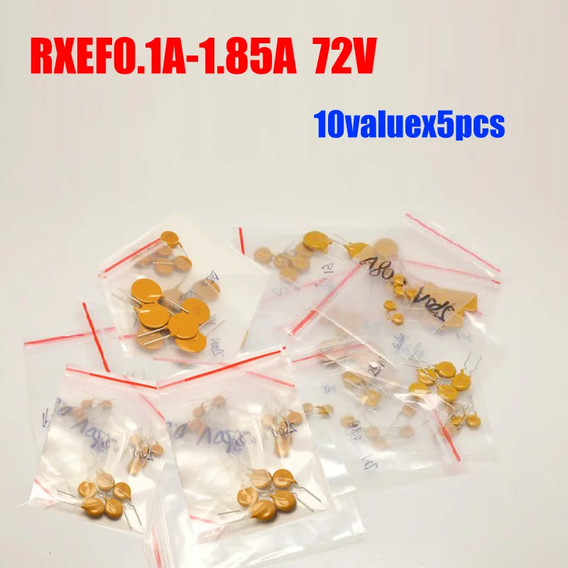RXEF010-185 0.1A-1.85A 72V PPTC Resettable Fuse Kit 10valuesX5pcs=50pcs Self-recovery Fuses Assorted Packs
RXEF010-185 0.1A-1.85A 72V PPTC Resettable Fuse Kit 10valuesX5pcs=50pcs Self-recovery Fuses Assorted Packs