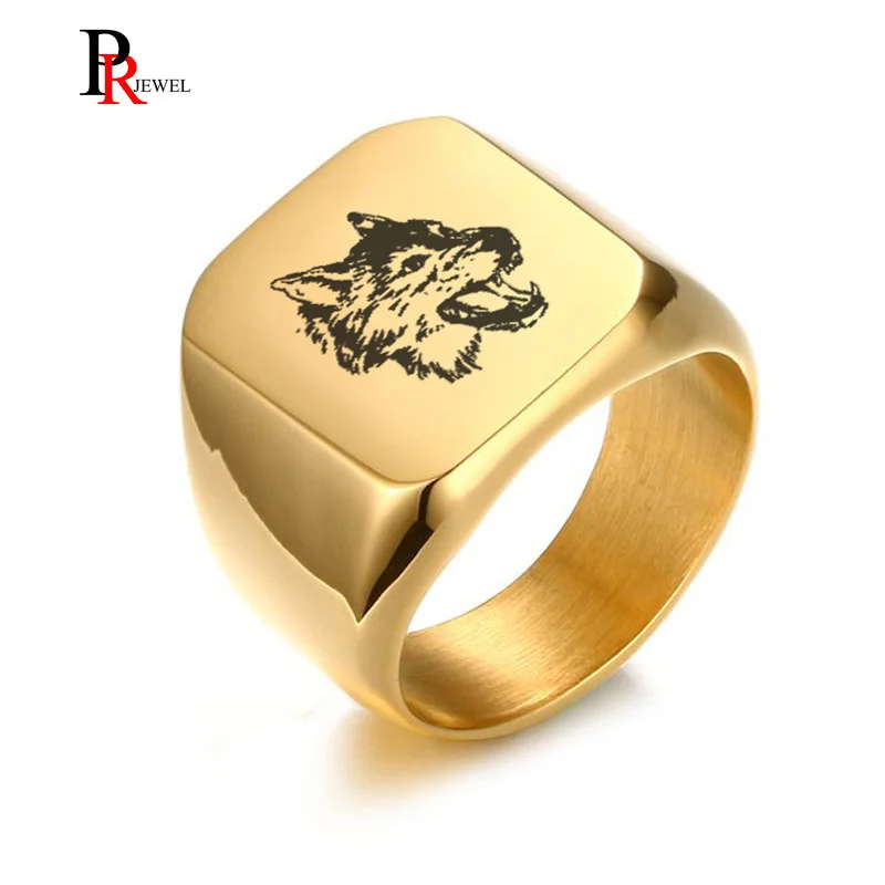 

Chunky Wolf Rings for Men Gifts Gold Tone Men's Stainless Steel Biker Signet Ring Anel Free Engraving Logo Photos
