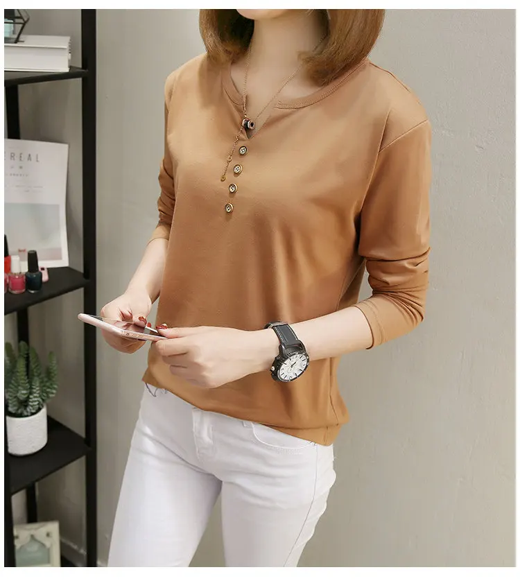 New Womens Tops Tees 2019 Autumn Large Size Tshirt Femme Casual V-neck Long Sleeve Cotton T-shirt Poleras Mujer Tshirts Female (9)