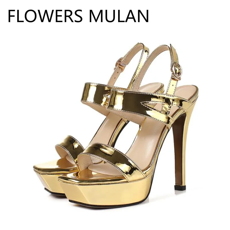 

Luxury Gold Leather One Buckle Women Sandals Peep Toe Super High Heels Gladiators Platform Shoes Woman Party Ladies Stiletto