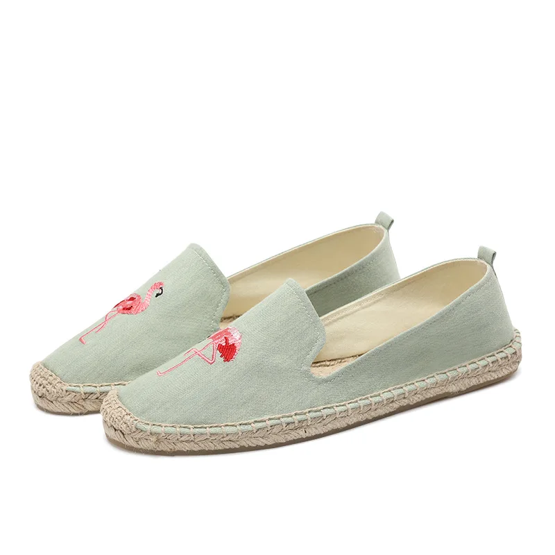 Classic summertime espadrilles, emboridery Flamingo flat slip on women espadrilles in light green color
Classic summertime espadrilles, emboridery Flamingo flat slip on women espadrilles in light green color