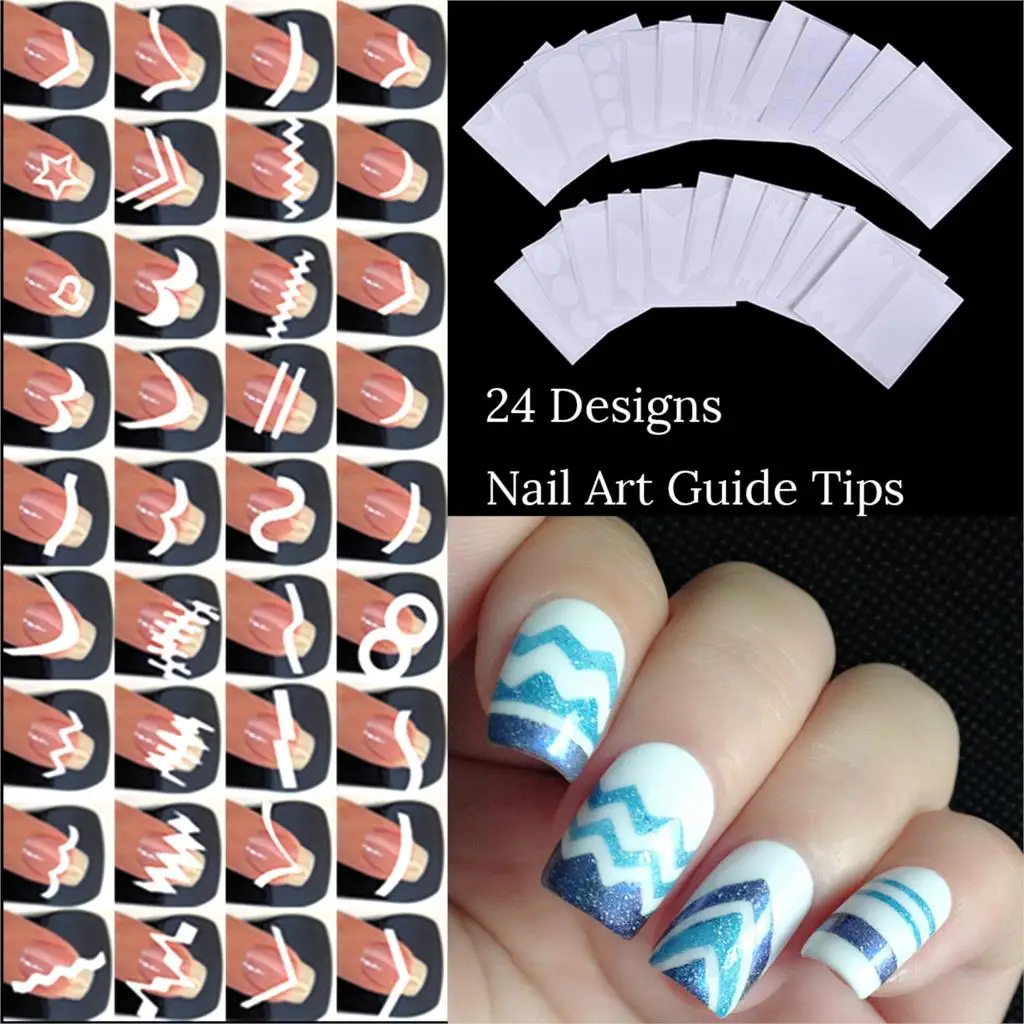 

24 Designs Nail Art Guide Tips From Fringe Guides DIY Sticker 3D Manicure Polish Hollow Stencils French Nails