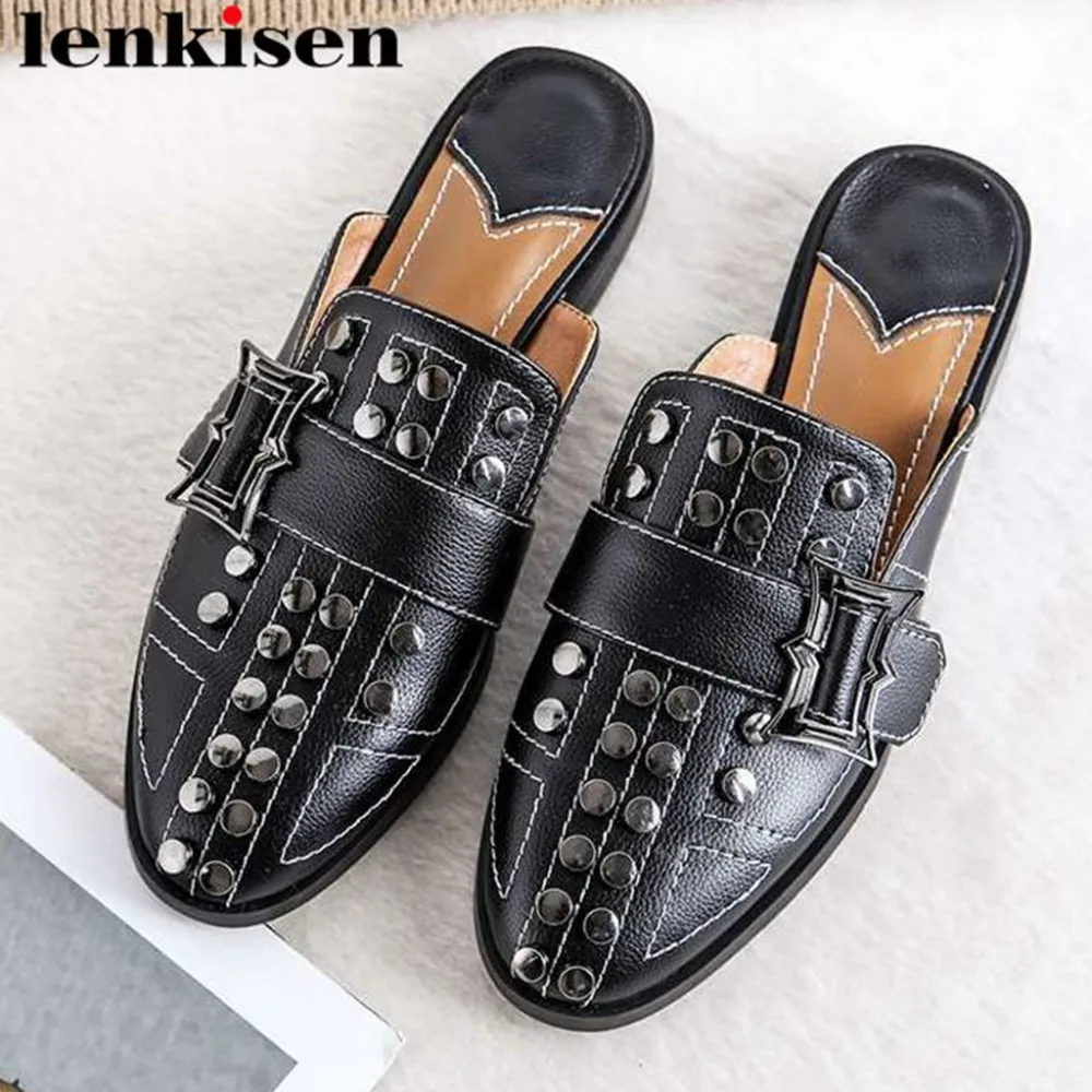 Large size fashion Ethnic style metal rivets studded buckle fastener genuine leather low heels round toe mules leisure shoes L18
Large size fashion Ethnic style metal rivets studded buckle fastener genuine leather low heels round toe mules leisure shoes L18