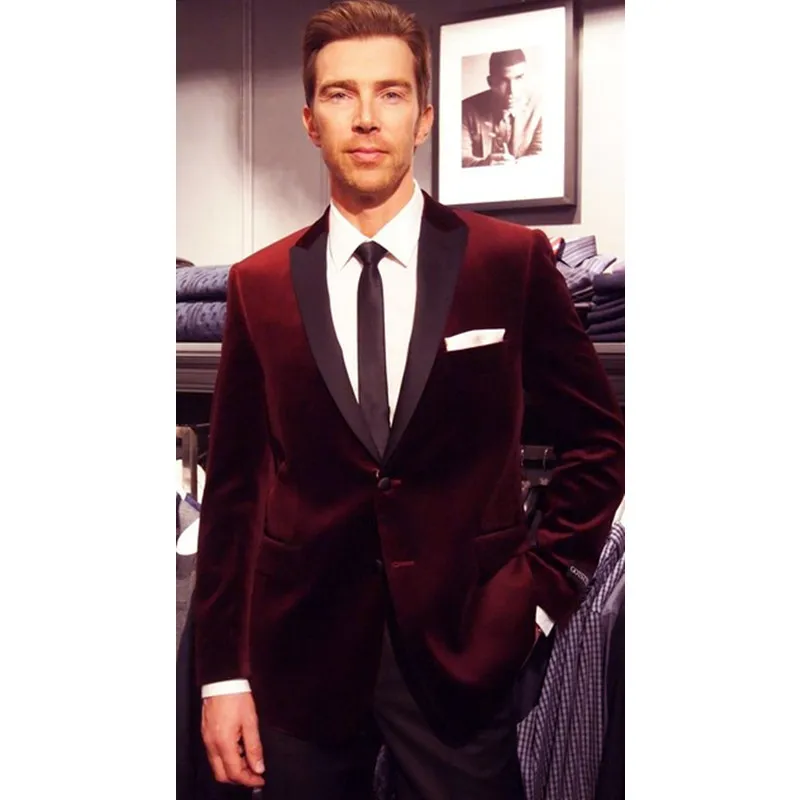 

2018 Terno Masculino Velour Burgundy Peak Lapel Man Suit Groom Tuxedos Velvet Coat Tuxedo Wedding Suits Slim Styles(Jacket+pants