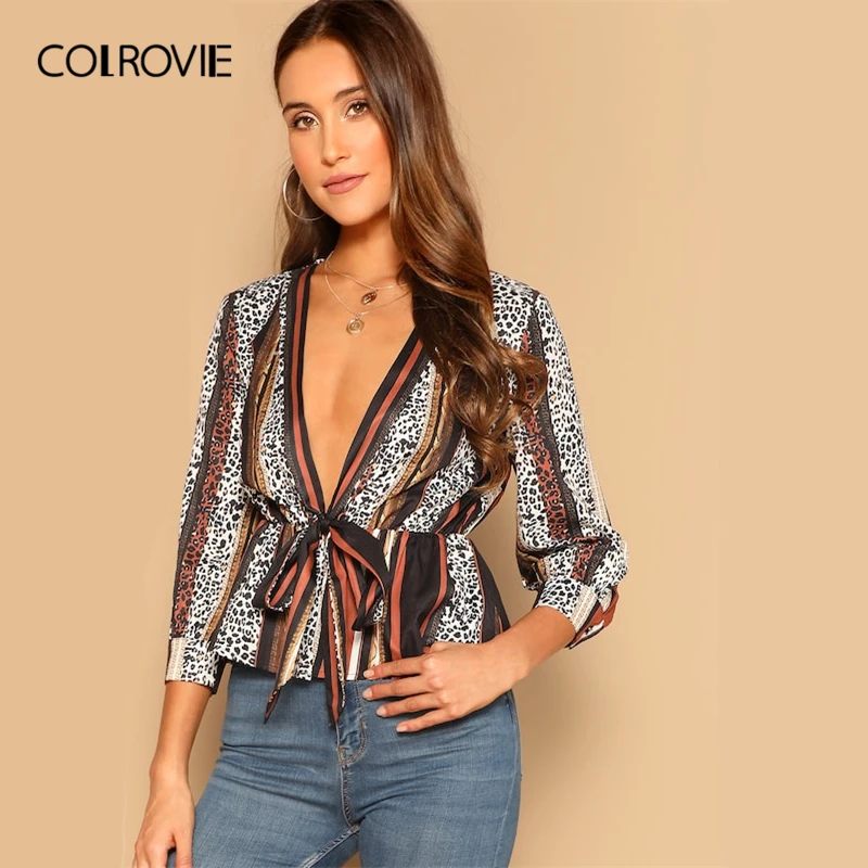 COLROVIE V-Neck Knot Leopard Striped Sexy Peplum Blouse Shirt Women Top 2019 Spring Style Long Sleeve Shirts Office Ladies Tee
COLROVIE V-Neck Knot Leopard Striped Sexy Peplum Blouse Shirt Women Top 2019 Spring Style Long Sleeve Shirts Office Ladies Tee