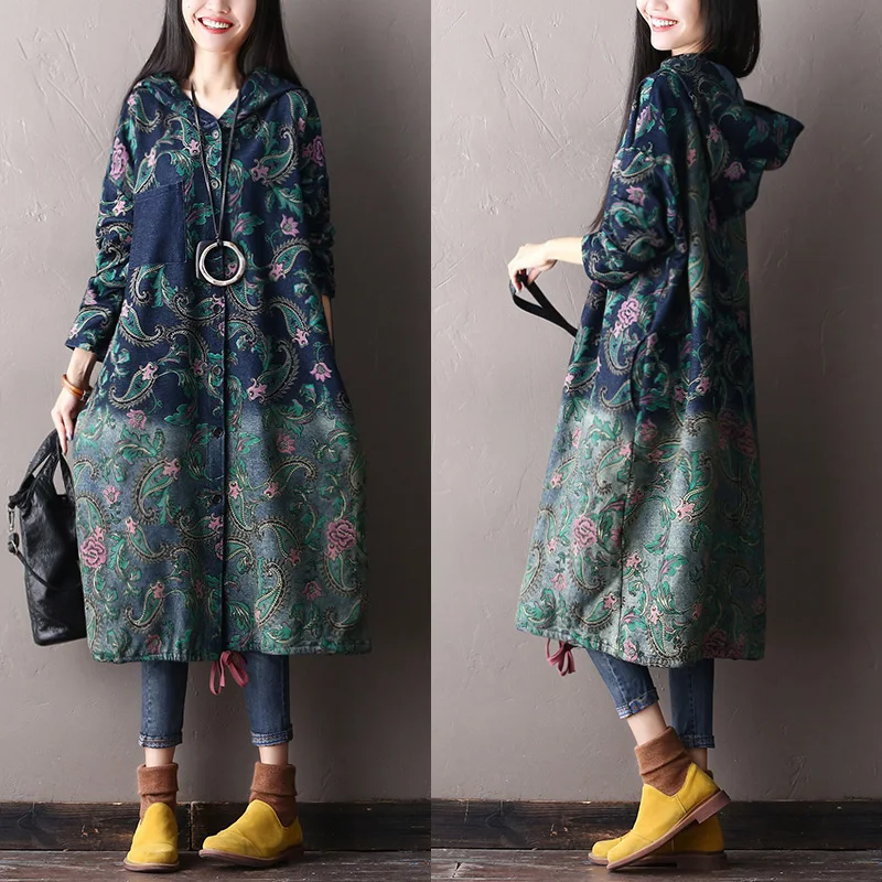2017 female new autumn and winter national trend print plus size outerwear medium-long with hood denim trench
2017 female new autumn and winter national trend print plus size outerwear medium-long with hood denim trench