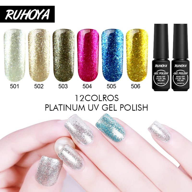 Ruhoya Shining Chorme Foil Gel Polish Sequins Sparkles Nail Art Lacquer Glitter Starry Platinum Effect Soak Off UV Varnish | Красота и