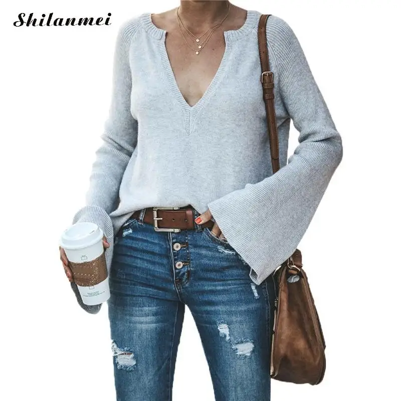 Deep V Neck Knitted Pullovers Women Sweater 2019 Sexy Autumn Flare Sleeve Street Style Sweaters Solid Jumper Causal Pull Femme
Deep V Neck Knitted Pullovers Women Sweater 2019 Sexy Autumn Flare Sleeve Street Style Sweaters Solid Jumper Causal Pull Femme