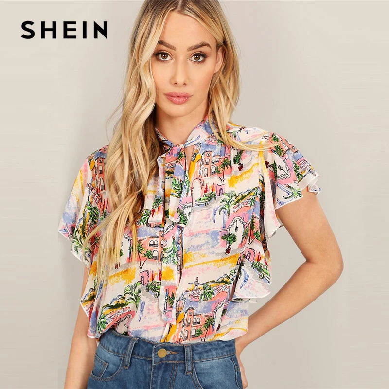 SHEIN Multicolor Ruffle Armhole Tie Neck Landscape Plants Print Top Women 2019 Summer Cap Sleeve Stand Collar Casual Blouses
SHEIN Multicolor Ruffle Armhole Tie Neck Landscape Plants Print Top Women 2019 Summer Cap Sleeve Stand Collar Casual Blouses