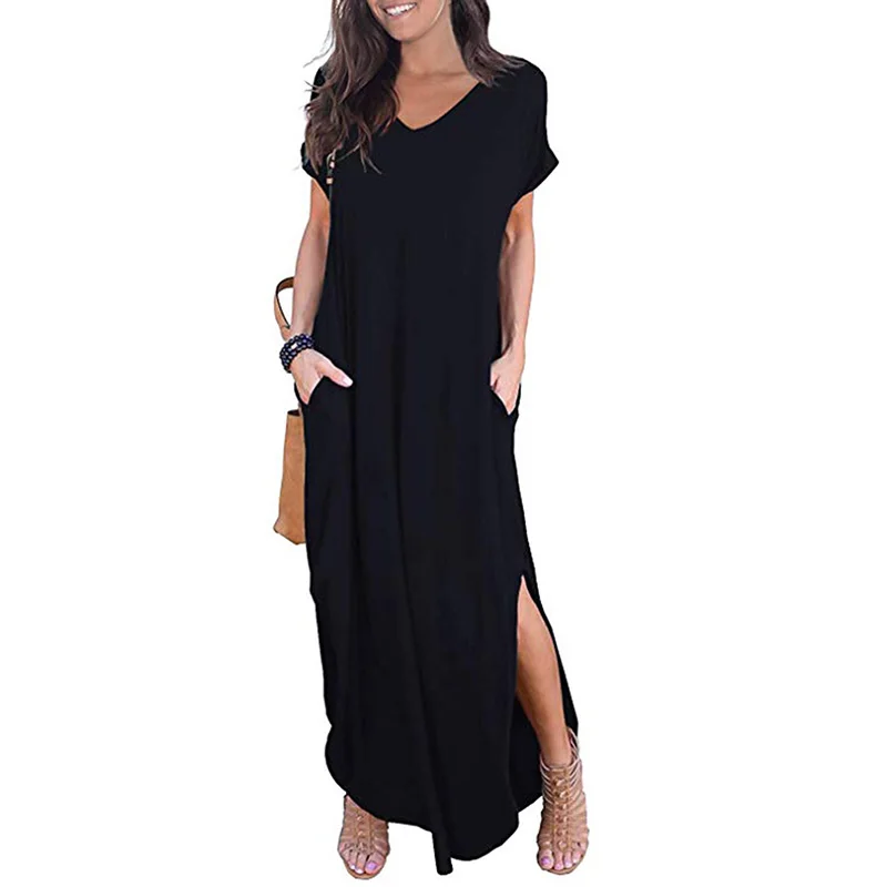 Women's Summer Sundress Split Pocket Short Sleeve Summer Dress 2019 Maxi Dress Woman Casual Solid Long Dresses robe femme 
Women's Summer Sundress Split Pocket Short Sleeve Summer Dress 2019 Maxi Dress Woman Casual Solid Long Dresses robe femme