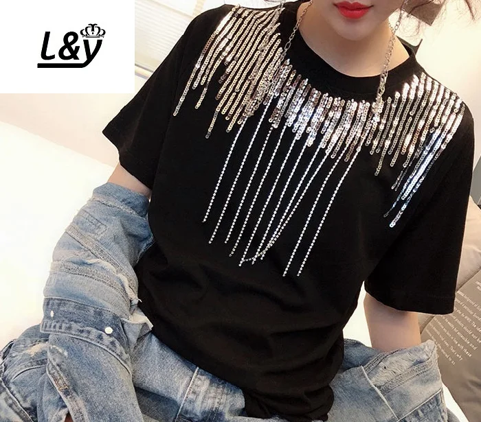 L&Y Summer Women Fashion Sequined Tassel Beading Casual Vestidos Pullover O-Neck Short Sleeve Plus Size Loose Cotton TShirt
L&Y Summer Women Fashion Sequined Tassel Beading Casual Vestidos Pullover O-Neck Short Sleeve Plus Size Loose Cotton TShirt