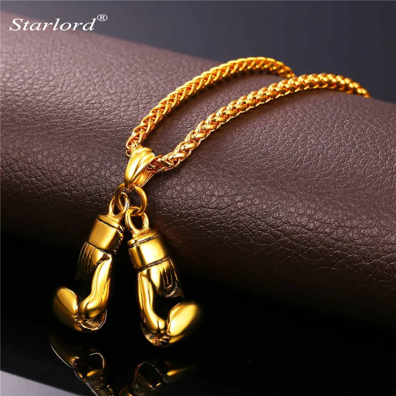 Image Boxing Glove Pendant Charm Necklace Sport Boxing Jewelry 316L Stainless Steel 18K Real Gold Plated Chain For Men 2016 New GP2171