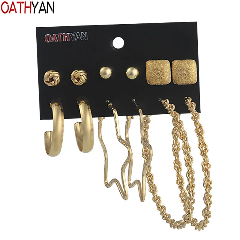 OATHYAN 6 Pairs/Set Classic Big Round Circle Hoop Earrings Sets For Women Star Ball Square Golden Color Metal Earring Jewelry
OATHYAN 6 Pairs/Set Classic Big Round Circle Hoop Earrings Sets For Women Star Ball Square Golden Color Metal Earring Jewelry