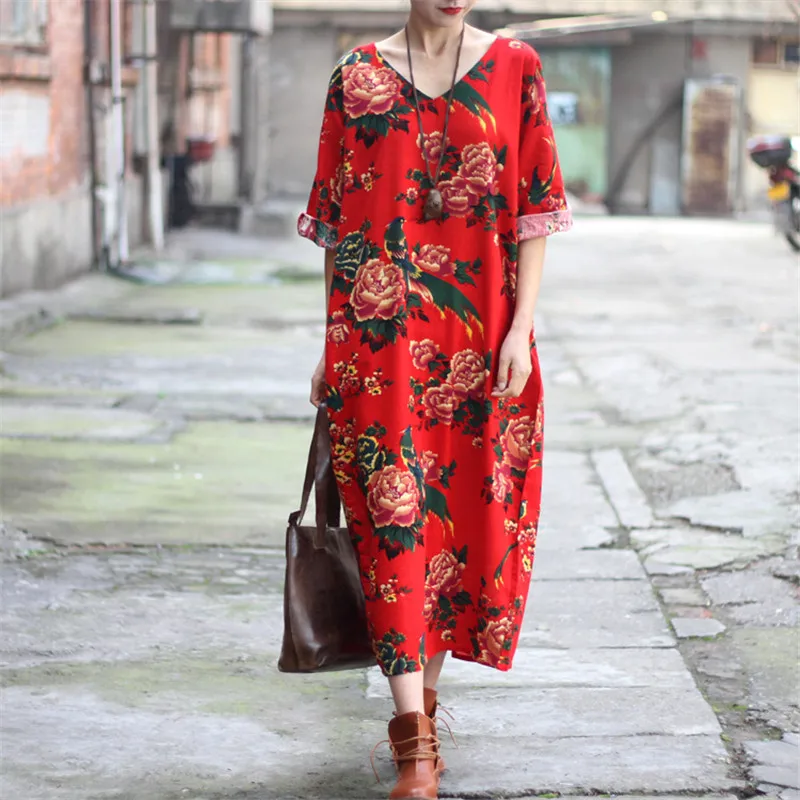Cotton Linen Vintage Bird Flower Pint V-neck Three Quarter Sleeve Washed Women Dress Plus Size Loose 2019 New Autumn Women Robe
Cotton Linen Vintage Bird Flower Pint V-neck Three Quarter Sleeve Washed Women Dress Plus Size Loose 2019 New Autumn Women Robe