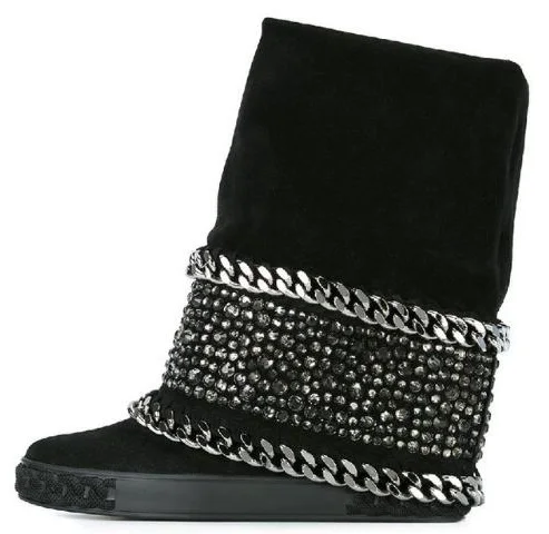 Winter Genuine Leather Boots Shoes Crystal Chain Wedges Suede Boots Women Height Increasing 80 mm Platform Knee High Boots
Winter Genuine Leather Boots Shoes Crystal Chain Wedges Suede Boots Women Height Increasing 80 mm Platform Knee High Boots