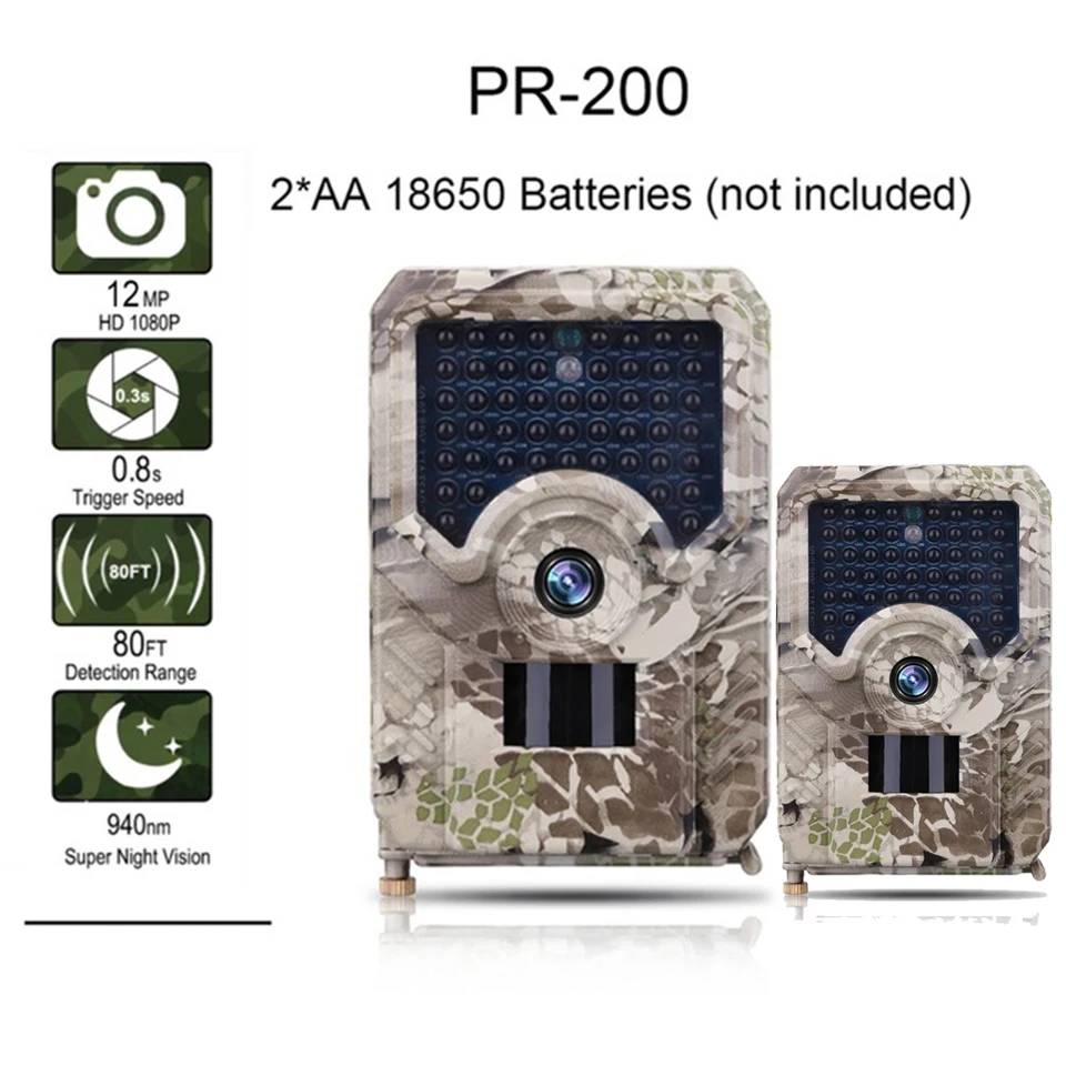 PR200 Trail Camera 12MP 49pcs 940nm IR LED Hunting Camera IP56 Waterproof 18650 Battery Wild Camera Night Vision 
PR200 Trail Camera 12MP 49pcs 940nm IR LED Hunting Camera IP56 Waterproof 18650 Battery Wild Camera Night Vision