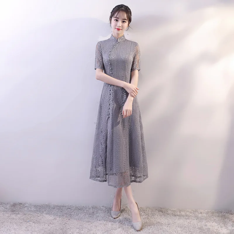

Gray 2019 New Vietnam Aodai Slim A-Line Qipao Elegant Women Lace Sexy Chinese Dress Vintage Mandarin Collar Long Cheongsam