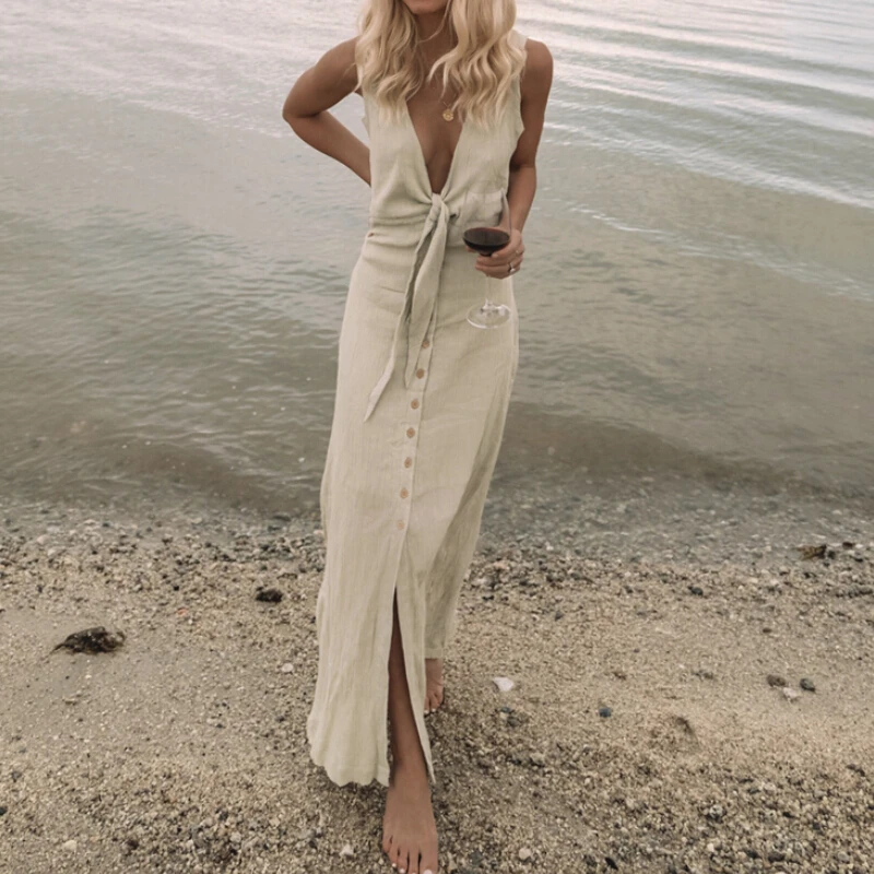 Casual V-Neck Twist Front Dress Plain V Neck High Waist Button Sleeveless Dress Split Long Maxi Dress
Casual V-Neck Twist Front Dress Plain V Neck High Waist Button Sleeveless Dress Split Long Maxi Dress