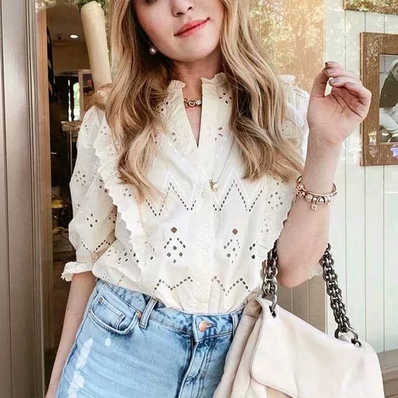 Vintage women sweet ruffles blouse cotton 100% shirts 2019 summer new fashion ladies hollow out shirt cute girls chic tops femme
Vintage women sweet ruffles blouse cotton 100% shirts 2019 summer new fashion ladies hollow out shirt cute girls chic tops femme