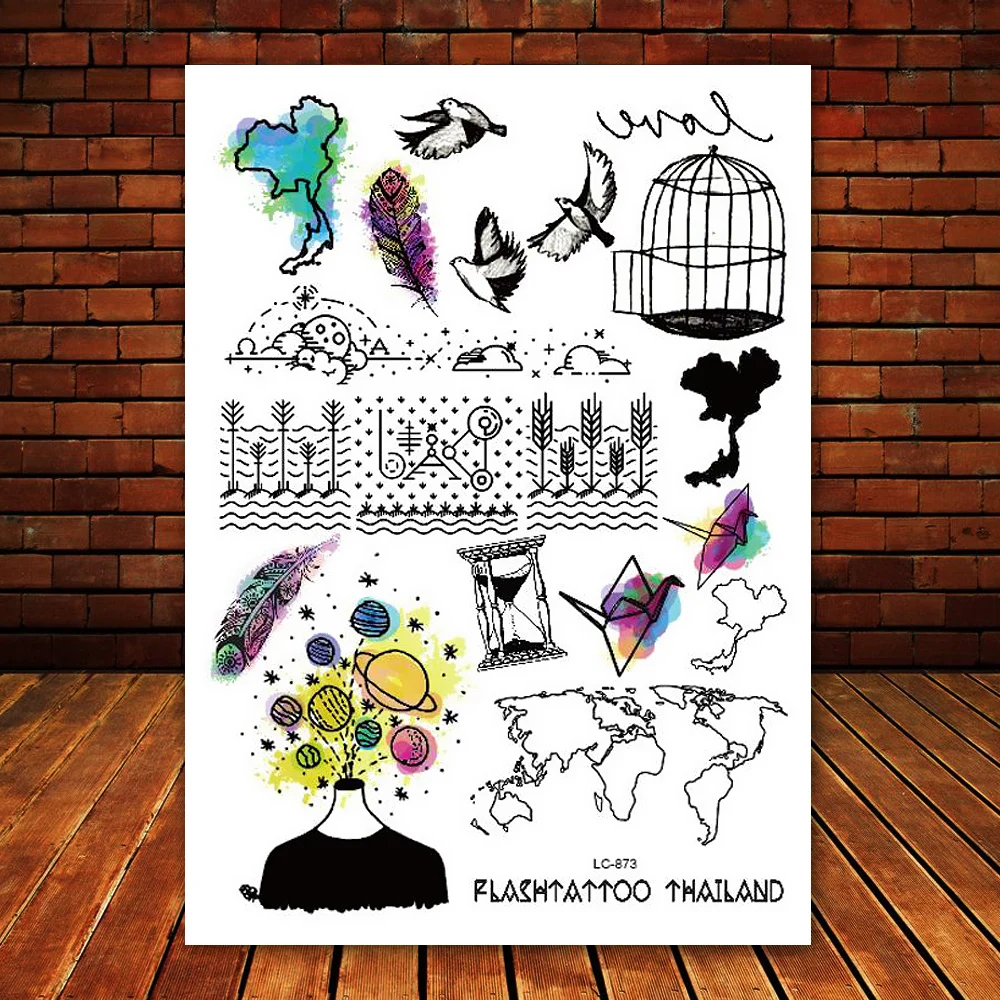 Big Black tatuagem Taty Body Art Temporary Tattoo Stickers Colored Planet origami birds cage feather Glitter Tatoo Sticker
Big Black tatuagem Taty Body Art Temporary Tattoo Stickers Colored Planet origami birds cage feather Glitter Tatoo Sticker