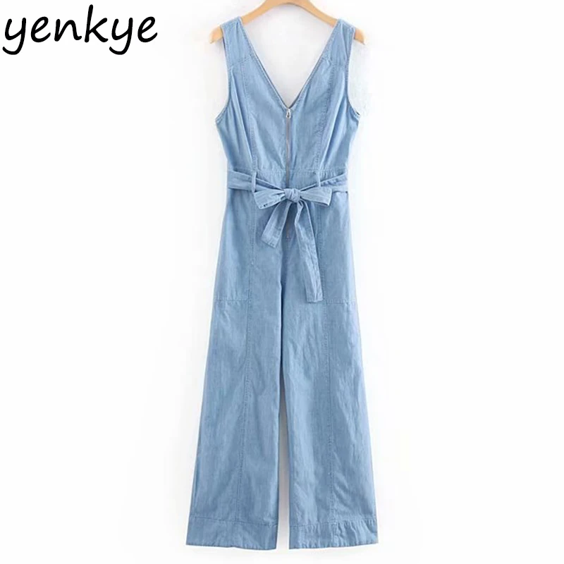 Vintage Light Blue Denim Jumpsuit Women Front Zipper V Neck Sleeveless With Belt Overalls Summer Elegant Jumpsuit Long
Vintage Light Blue Denim Jumpsuit Women Front Zipper V Neck Sleeveless With Belt Overalls Summer Elegant Jumpsuit Long