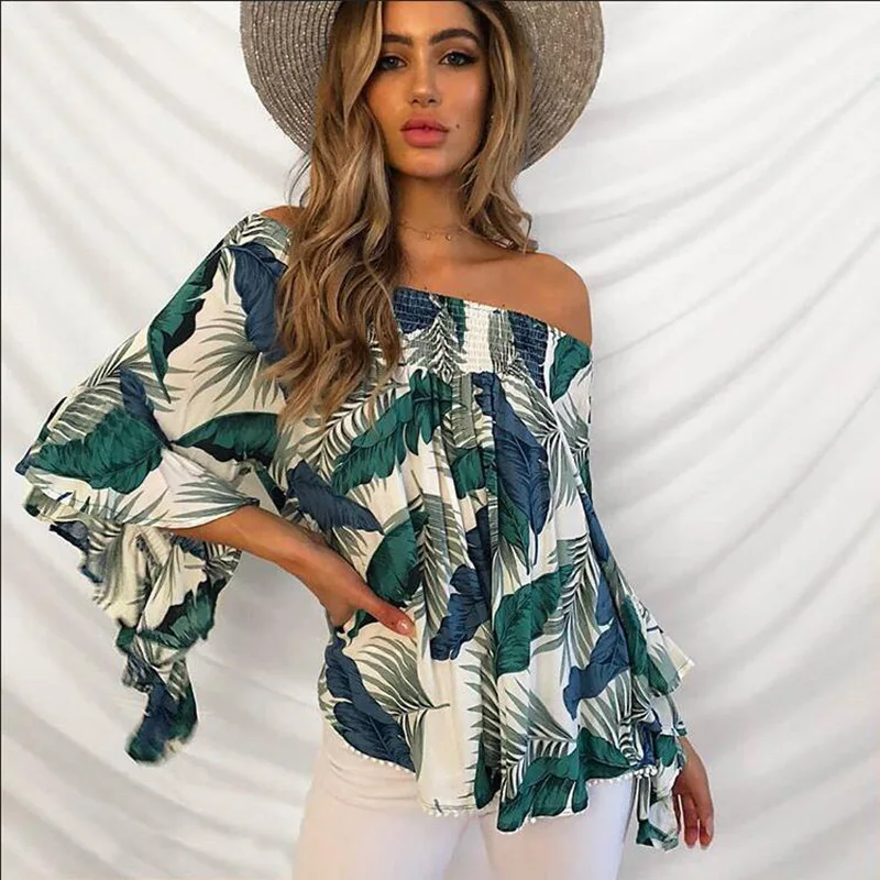 yinlinhe Off Shoulder Summer Tops Short Sleeve Leaf Print Slash Neck Sexy Women Tops Backless Bohemian Loose Tunics 5