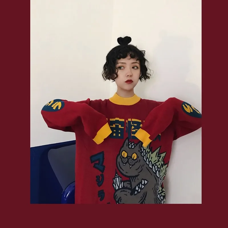 FREE SHIPPING Cat Godzilla Sweatshirt Knitted JKP4380 FREE SHIPPING Cat Godzilla Sweatshirt Knitted JKP4380