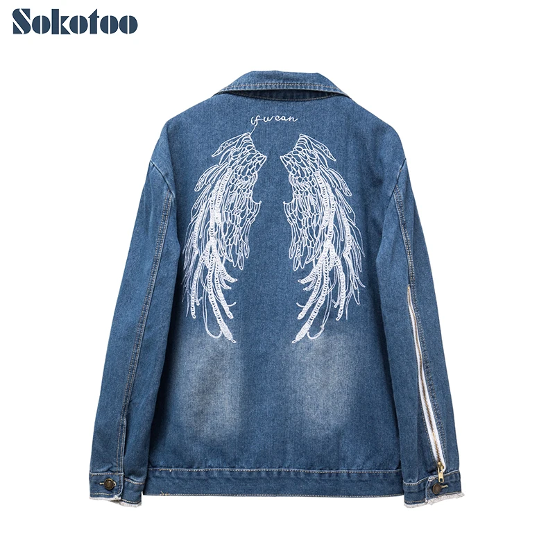 Sokotoo Women's wings embroidery ripped jean jacket Plus big size holes blue denim coat Loose zipper fringe sleeve top outerwear
Sokotoo Women's wings embroidery ripped jean jacket Plus big size holes blue denim coat Loose zipper fringe sleeve top outerwear