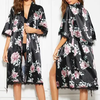 Female Silk printed robe Women Silk Satin Printed Lace Pajamas Nightgown Lingerie summer Bathrobe With Belt batas de casa mujer
Female Silk printed robe Women Silk Satin Printed Lace Pajamas Nightgown Lingerie summer Bathrobe With Belt batas de casa mujer