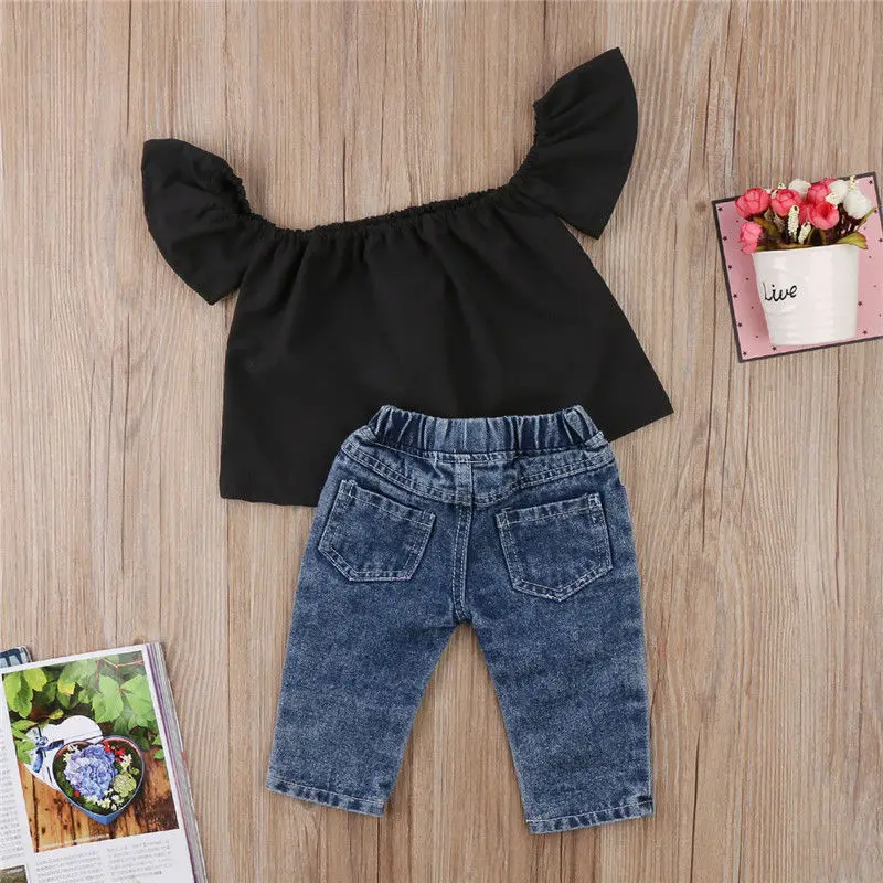 Summer Kids Baby Girls Off Shoulder Slash Neck Solid Sleeveless Solid Tops Denim Hole Pants Jeans Outfits Set Clothes
Summer Kids Baby Girls Off Shoulder Slash Neck Solid Sleeveless Solid Tops Denim Hole Pants Jeans Outfits Set Clothes