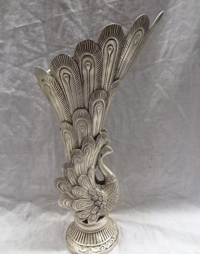 S3691 14" Chinese Silver Phoenix Zun Statue Bronze Peacock Tail Peafowl Head Pot Vase D0317 
S3691 14" Chinese Silver Phoenix Zun Statue Bronze Peacock Tail Peafowl Head Pot Vase D0317