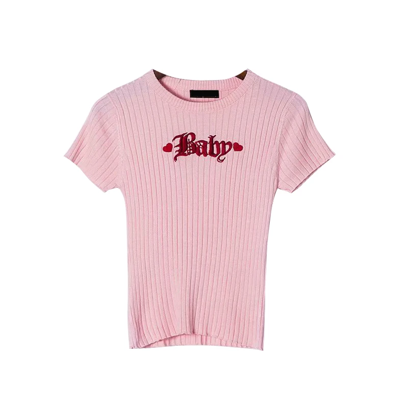 American Style Women Knitted Skinny Slim O-neck Short Sleeve T-shirt Front Letter Embroidery Solid Top T-shirt
American Style Women Knitted Skinny Slim O-neck Short Sleeve T-shirt Front Letter Embroidery Solid Top T-shirt