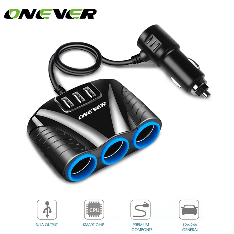 Onever 1 to 3 Cigarette Lighter Socket Splitter Hub Power Adapter 12V-24V 3 USB 5V/3.1A for iPhone iPad Smartphone Kits DVR GPS
Onever 1 to 3 Cigarette Lighter Socket Splitter Hub Power Adapter 12V-24V 3 USB 5V/3.1A for iPhone iPad Smartphone Kits DVR GPS