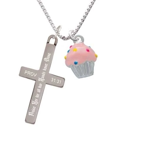 3-D Pink Cupcake with Sprinkles - Praise Her - Cross Necklace (1)