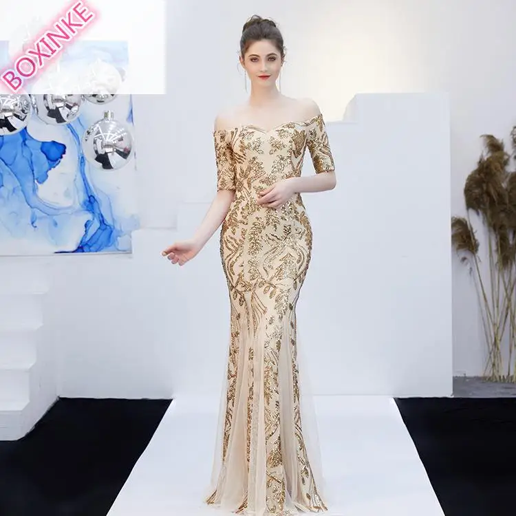 

Ukraine Vestido Longo Summer 2019 New Banquet Sequined Dress Elegant Champagne-shaped Shoulder Fishtail Long Annual Conference