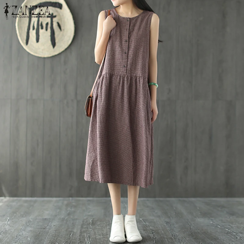 

ZANZEA 2019 Women Summer Casual Party Dresses Vintage Sleeveless Plaid Check Linen Midi Dress Female Sarafans Vestido Plus Size