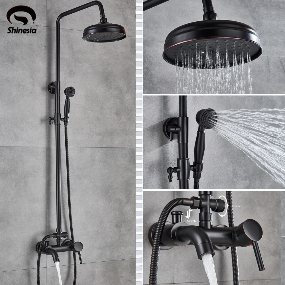 

Shinesia Black Bronze Bathtub Shower Set Mixer Faucet 8" Rain Shower Head with Hand shower Single Handle Bathtub Wall Mounted