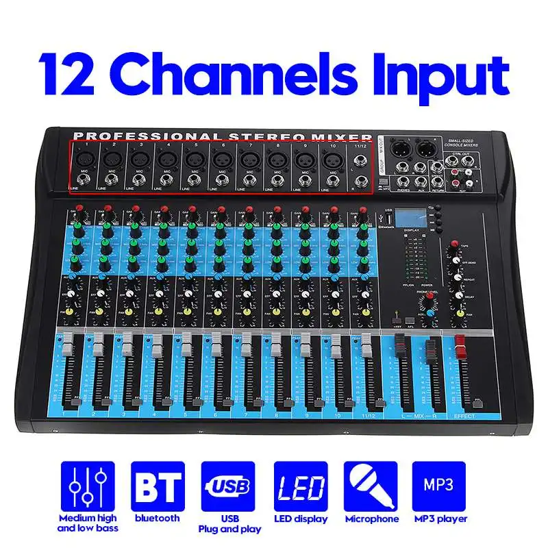 12 Channel Audio Mixer with USB DJ Sound Mixing Console Karaoke Amplifier bluetooth USB Record Computer Playback For Karaoke KTV
12 Channel Audio Mixer with USB DJ Sound Mixing Console Karaoke Amplifier bluetooth USB Record Computer Playback For Karaoke KTV