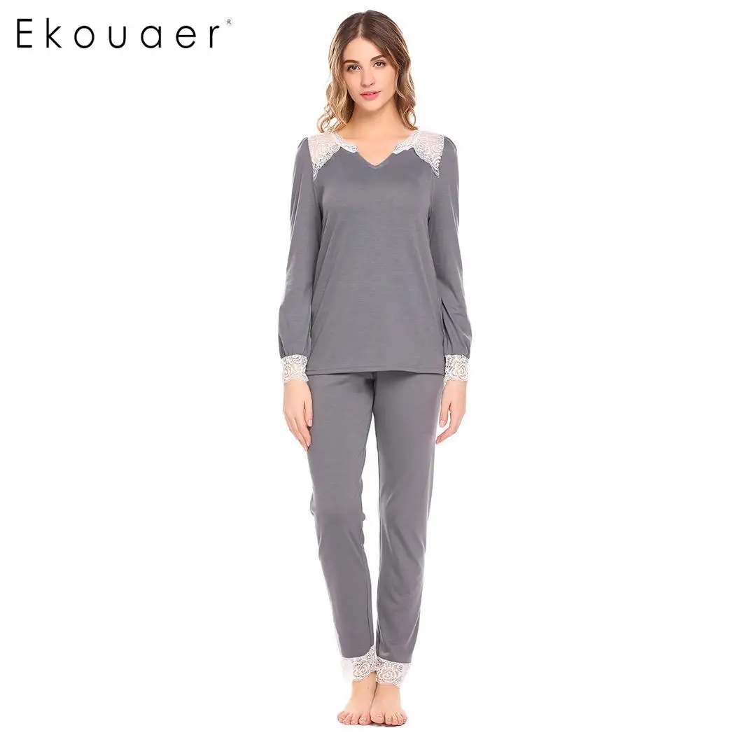 Ekouaer Soft Pajamas Set Women Sleepwear V-Neck Long Sleeve Lace Trim Shirt Long Pant Pijama Mujer Nightwear Female Home Wear
Ekouaer Soft Pajamas Set Women Sleepwear V-Neck Long Sleeve Lace Trim Shirt Long Pant Pijama Mujer Nightwear Female Home Wear