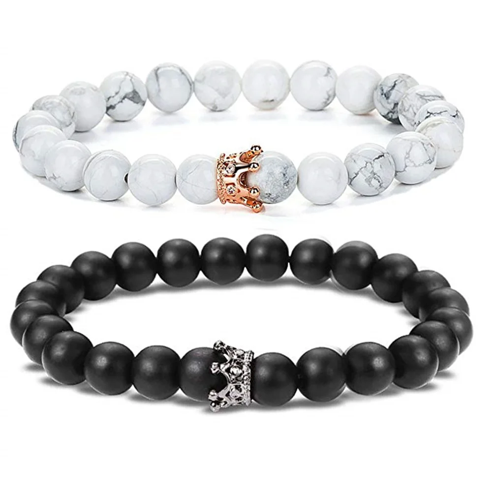 Natural stone Bracelet for Couple Lovers 2Pcs/Set White & Black Charm Crown Beaded Bracelets Men Women Jewelry Best Friend Gift |