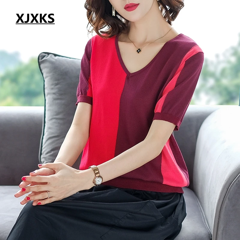 XJXKS Casual Women Clothes 2019 Summer New Knitting Thin Splice Young Women T-shirt Comfortable Short Sleeve Women T-shirt Tops
XJXKS Casual Women Clothes 2019 Summer New Knitting Thin Splice Young Women T-shirt Comfortable Short Sleeve Women T-shirt Tops