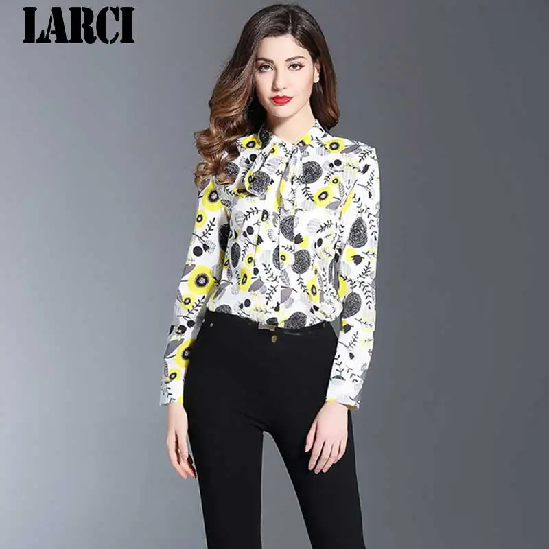 LARCI Blouses Yellow Floral Printied Blouse Women's Long Sleeve Bow Plplin Casual Shirt Fashion Top N1702 |