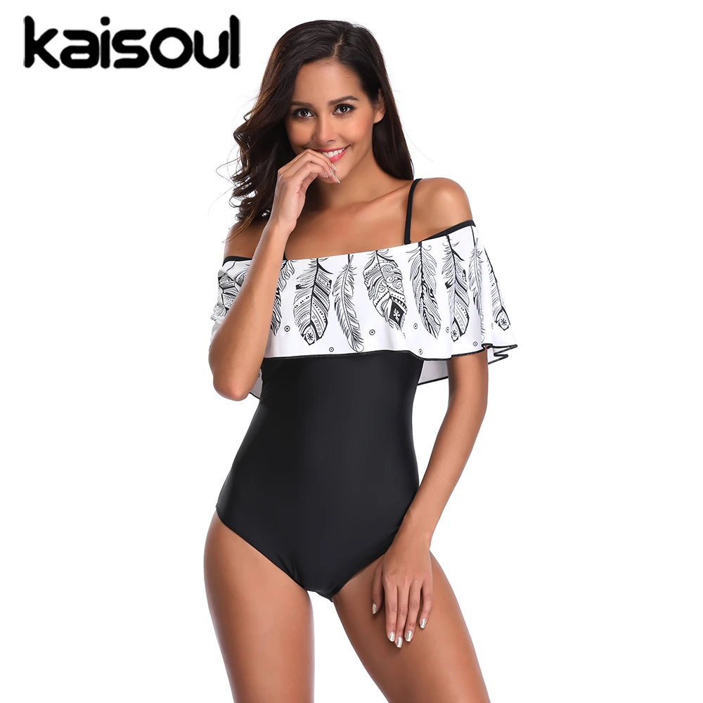 

2020 New Flounced Print Feather One Piece Swimsuit Women Sexy Off Shoulder Plus Size 5XL XXXL Swimwear White Black Bathing Suit