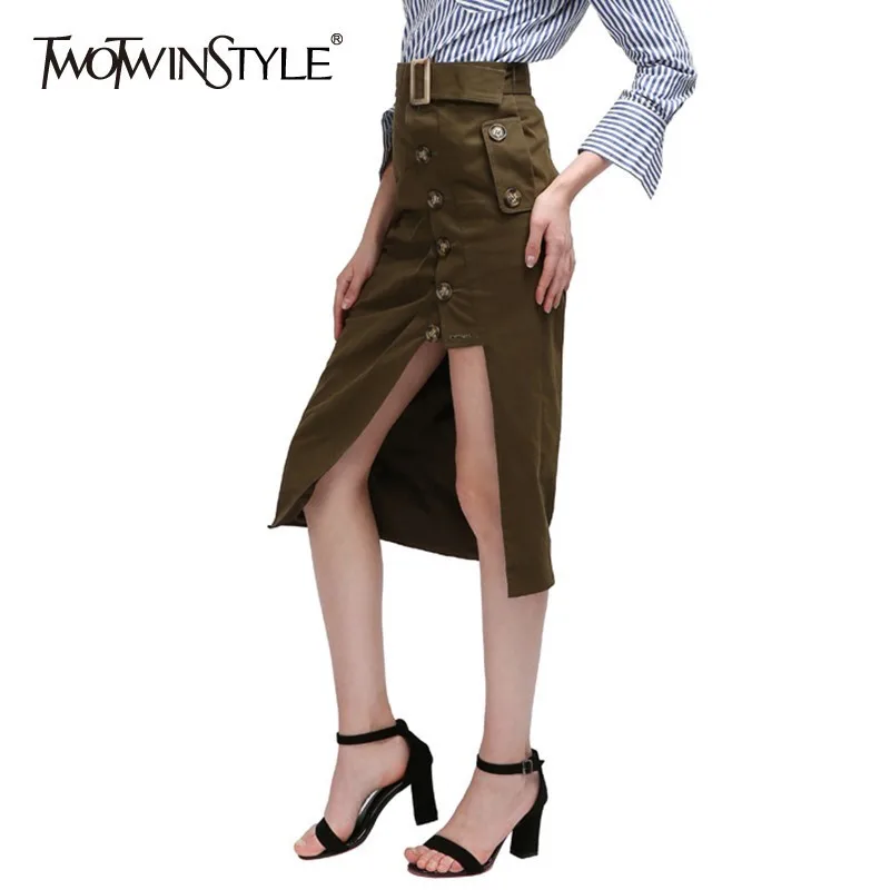TWOTWINSTYLE Summer Army Green Women Skirts High Waist Lace Up Side Split Buttons Midi Skirt Female 2019 Korean Fashion Clothes
TWOTWINSTYLE Summer Army Green Women Skirts High Waist Lace Up Side Split Buttons Midi Skirt Female 2019 Korean Fashion Clothes