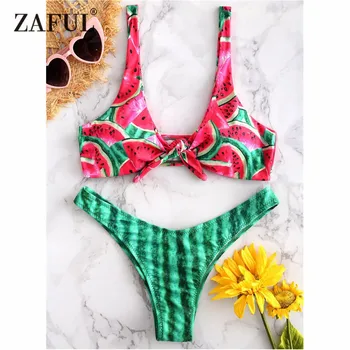 

ZAFUL Watermelon Knotted Bikini Swimwear Women Swimsuit Sexy Low Waist Plunge Thong Bikini Bathing Suit Padded Swimwear Biquni