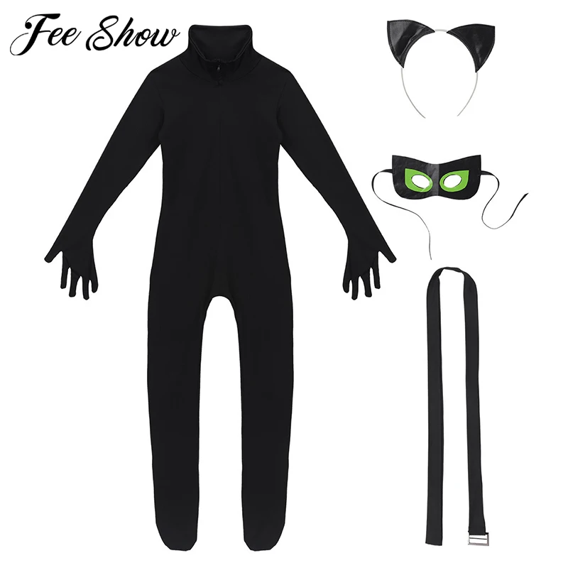 Kids Boys Girls Black Cat Outfit Long Sleeves Romper Jumpsuit with Eye Mask Hair Hoop Tail Halloween Cosplay Party Costume Set
Kids Boys Girls Black Cat Outfit Long Sleeves Romper Jumpsuit with Eye Mask Hair Hoop Tail Halloween Cosplay Party Costume Set