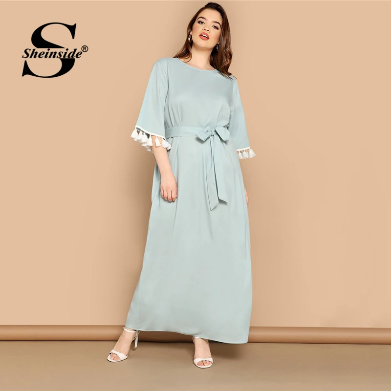 

Sheinside Plus Size Elegant Fringe Detail Maxi Dress Women 2019 Summer Solid Belted Straight Dresses Ladies Half Sleeve Dress